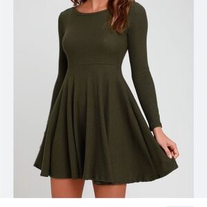 Lulus Fit and Fair Olive Green Ribbed Knit Long Sleeve Skater Dress
